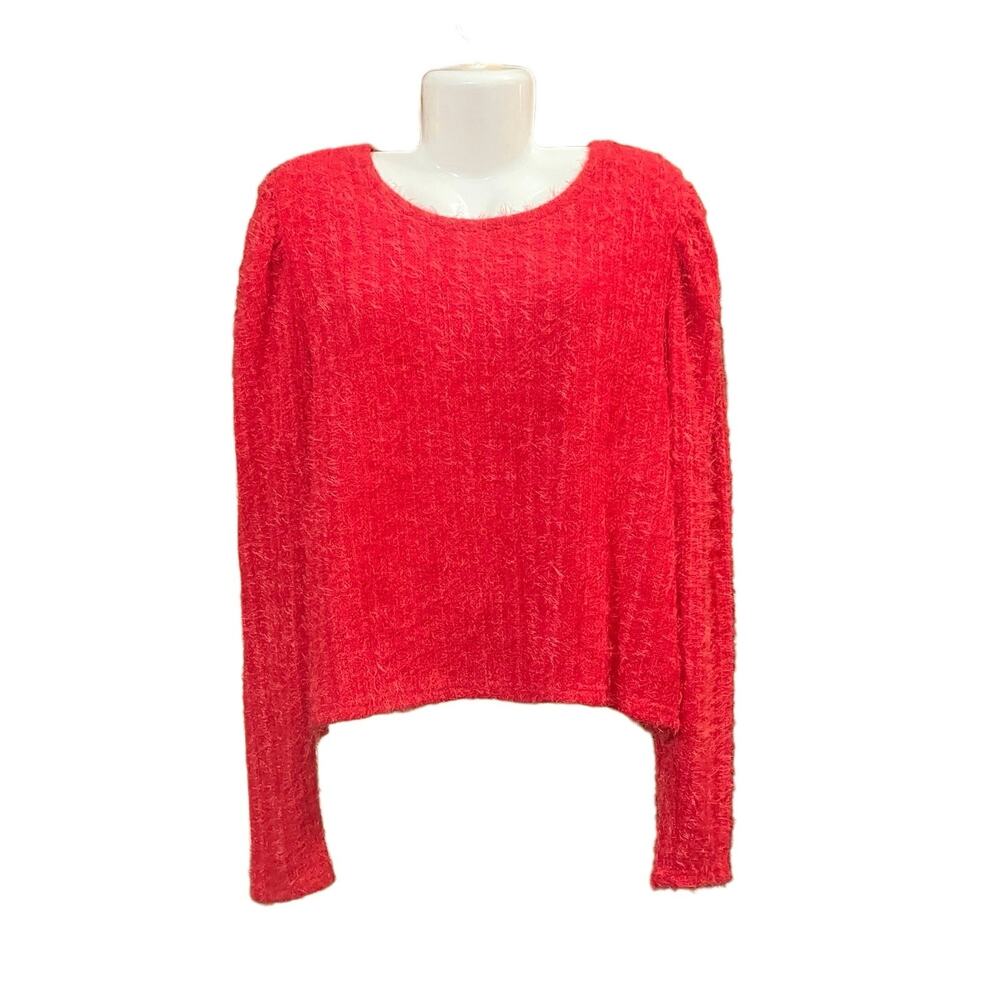 LoveTrend New York Women's Red Feathered Yarn Puff Sleeve Crop Sweater | Size 2X - Picture 2 of 8